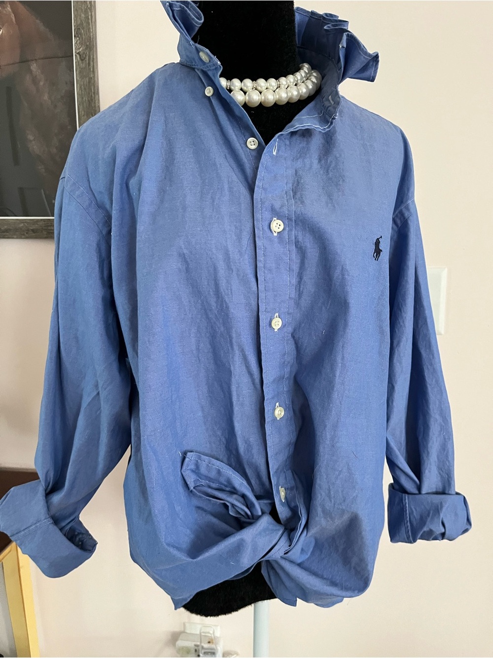 Upcycled Ralph Lauren Blue Cotton Button-Down Shirt with Ruffle Collar